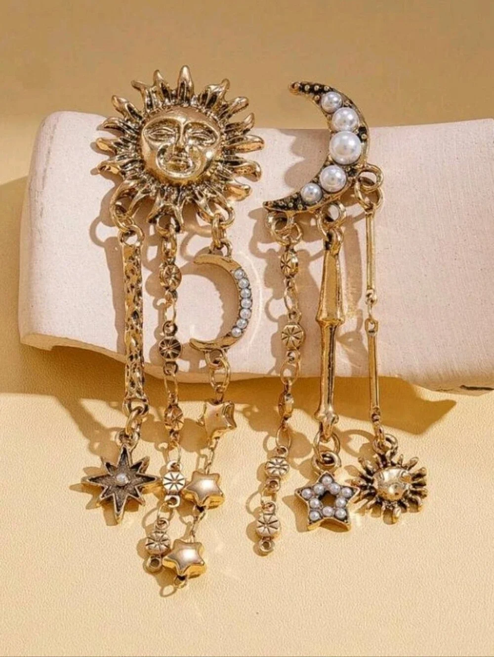 NEW! Gold Sun &Moon Celestial Vintage Style Drop Earrings With Tiny Pearl Accent